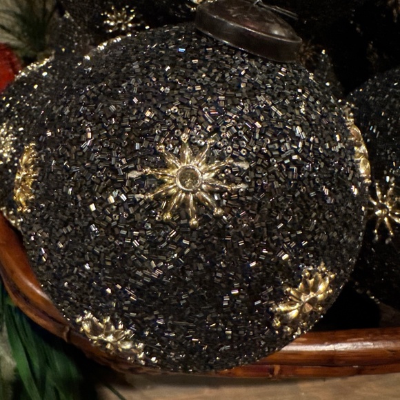 16 VTG Large Beaded Glass Black & Silver Ornaments